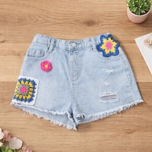 Light Blue Denim Shorts With Crochet Embellishment